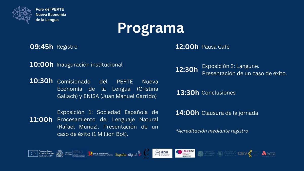 ‼️ El #Foro de empresas del #PERTE_DeLaLengua del #PlanDeRecuperación llega a #Valencia este jueves a las 10h.

👉'Las oportunidades que ofrece el Procesamiento del Lenguaje Natural (#PLN)'.

Registro: lc.cx/Q-mQva 

Consulta el programa de la jornada. ¡Te esperamos!👇