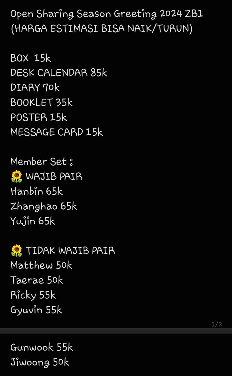 (HELP RT) WTS
SHARING SG24 ZB1 

⚠️Semua harga masih estimasi bisa naik/turun akan diinfokan setelah harga keluar

🏠 GO Dom JATIM
✅ Order by dm

t. season greetings zb1 2024
