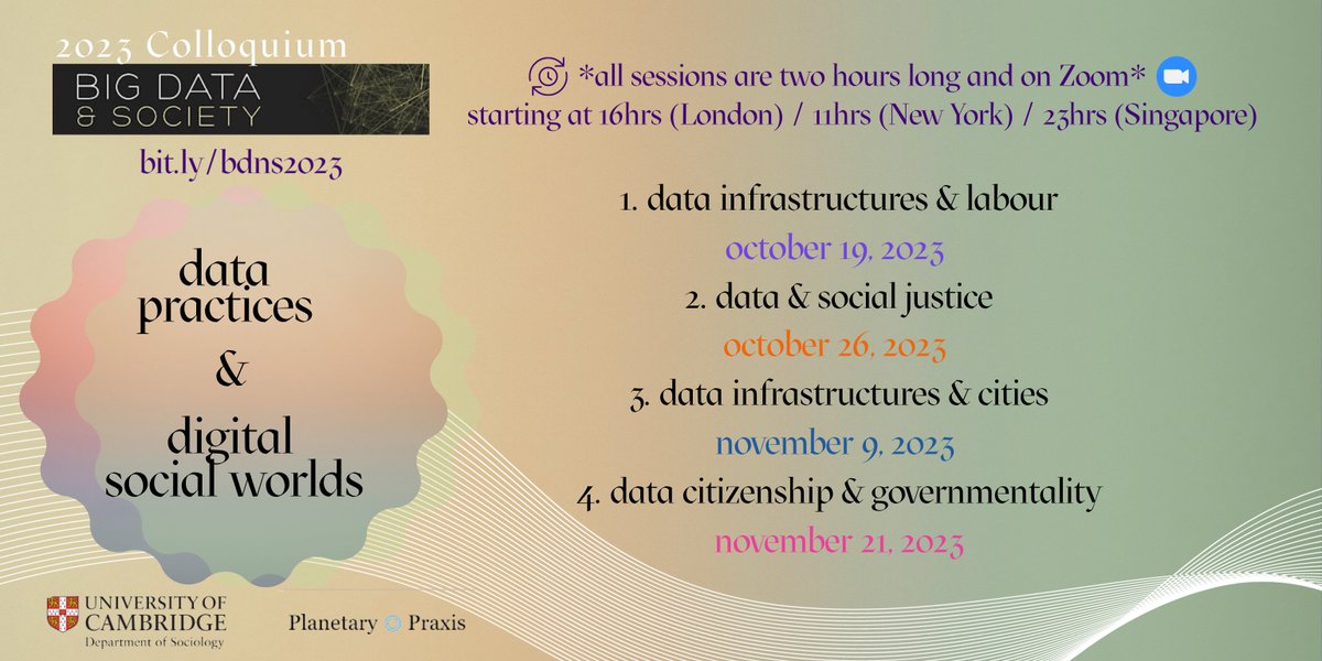 Big Data & Society (@bigdatasoc) on Twitter photo 🚨⚡We've had a fantastic set of sessions during our BD&S 2023 colloquium on 'Data practices & digital social worlds' organised w/<a href="/CamSociology/">Cambridge Sociology</a> & <a href="/PlanetaryPraxis/">Planetary Praxis</a>! Our final one is next Tuesday 21st (4-6pm UK, Zoom) + info 👉 bit.ly/bdns2023 🚨⚡We've had a fantastic set of sessions during our BD&S 2023 colloquium on 'Data practices & digital social worlds' organised w/<a href="/CamSociology/">Cambridge Sociology</a> & <a href="/PlanetaryPraxis/">Planetary Praxis</a>! Our final one is next Tuesday 21st (4-6pm UK, Zoom) + info 👉 bit.ly/bdns2023
