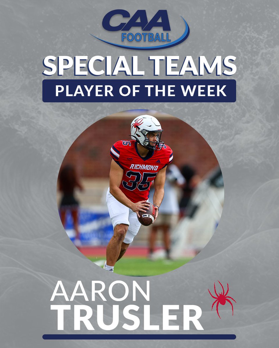 🏈 #CAAFB Special Teams Player of the Week Aaron Trusler averaged 45.2 yards on four punts and executed a key fake punt in @Spiders_FB's 38-24 victory over Elon 📰 bit.ly/49ByCjK