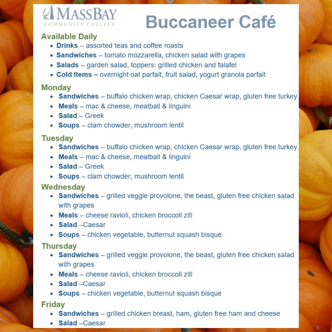 Check out this week's lunch menu in the Buccaneer Cafe!
Stop in daily from 10am - 2pm to grab a sandwich, salad, soup, and/or a drink! While supplies last!
