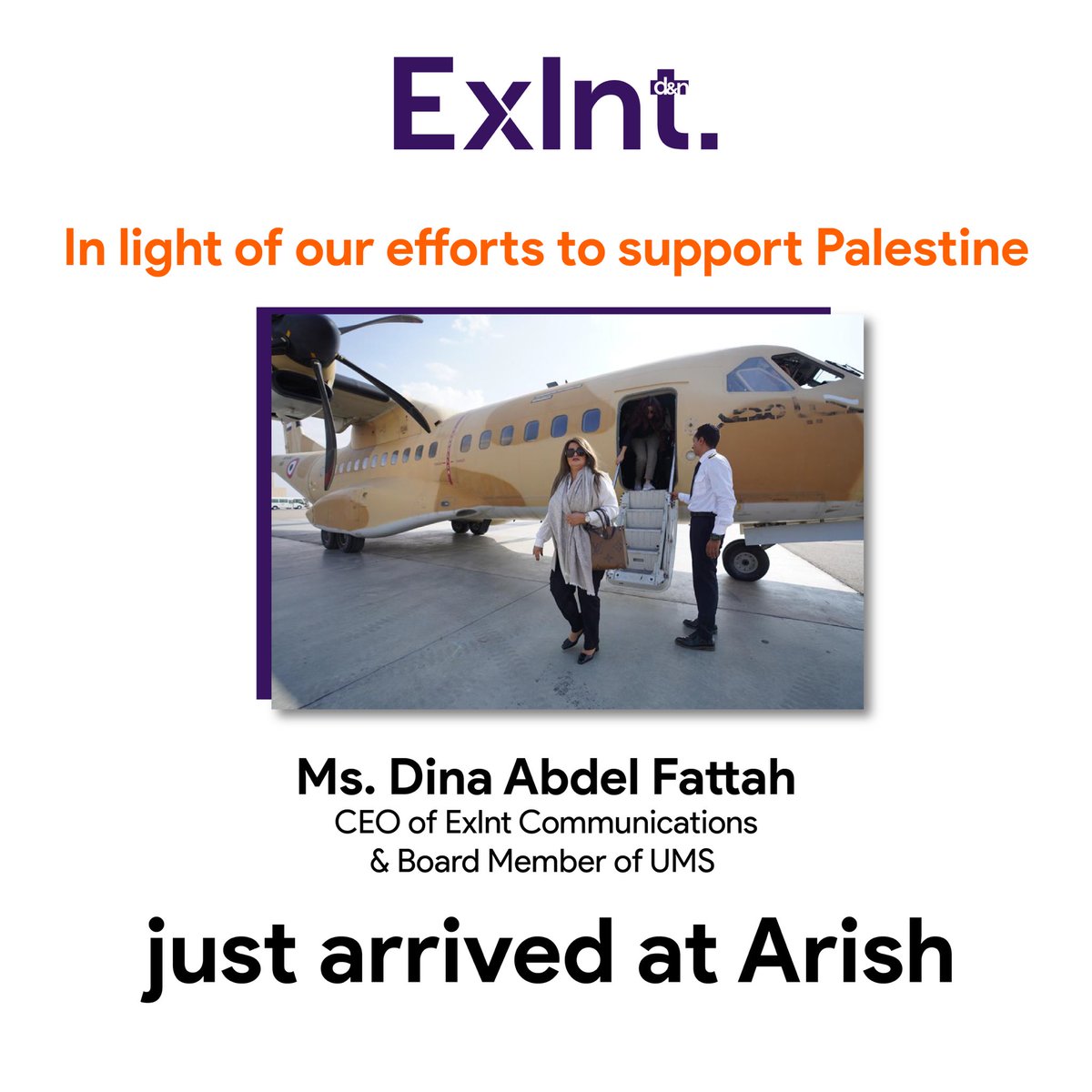 Ms. Dina Abdel Fattah, CEO of Exlnt Communications and Board member of UMS, just arrived at Al-Arish…

#FreePalestine #Top50 #Top50WomenForum #RafahBorderCrossing