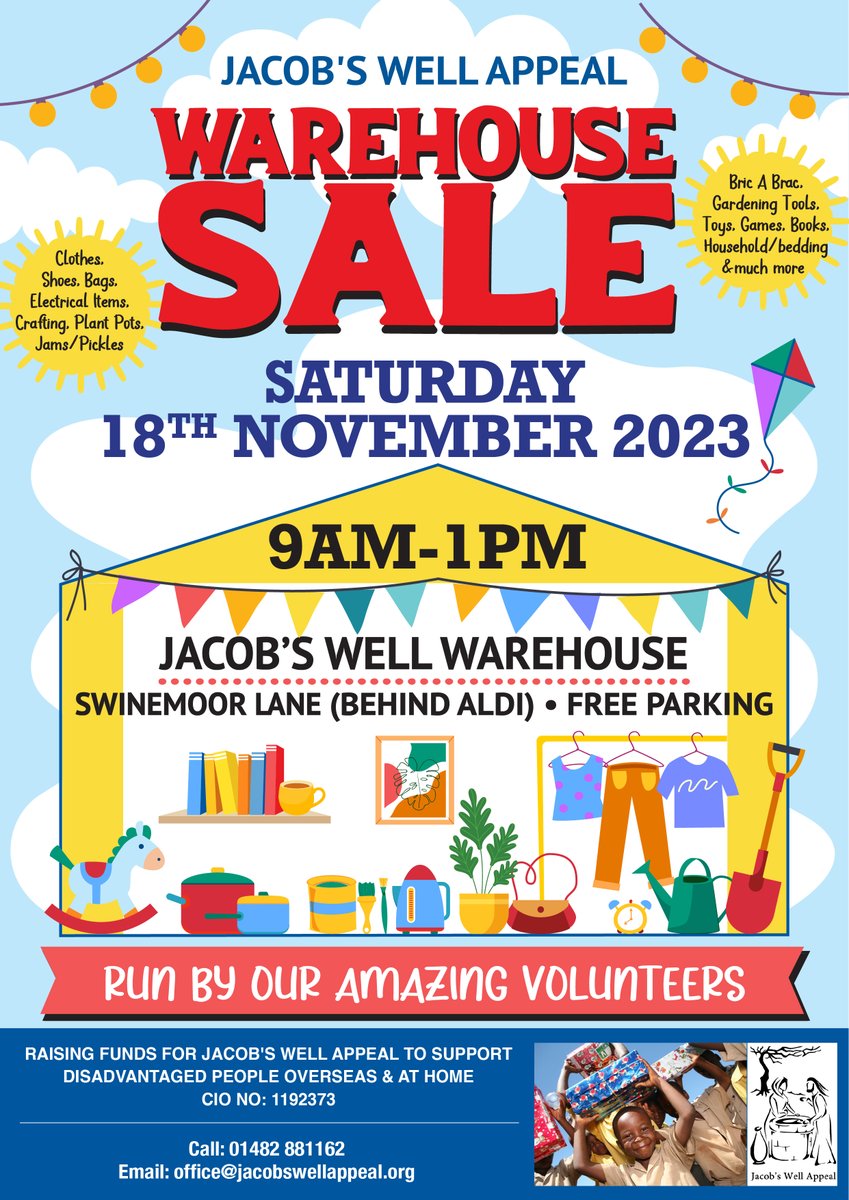 Come along to our Huge Clearance Sale - loads of items at very reasonable prices. XMAS Shop, Free Parking. Starts at 9am - 1pm Jacobs Well Warehouse, behind Aldi on Swinemoor Lane. SAT 18 NOV. Run by our amazing Volunteers! Raising valuable funds!