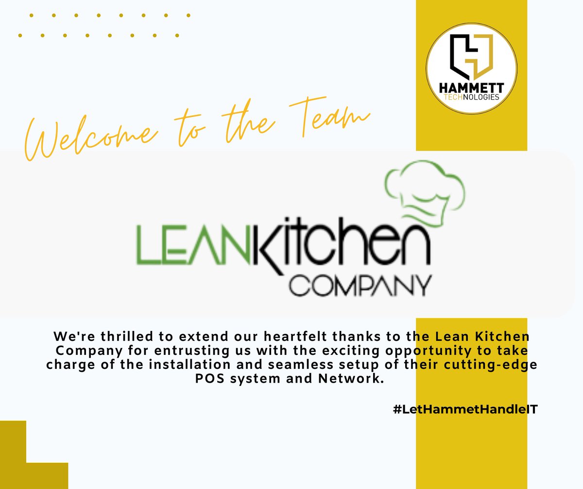 HammettTech's tweet image. A Hearty Welcome to Lean Kitchen Company from the Hammett Tech Team!

#LetHammettHandleIT #Toast #possystems #POS #network