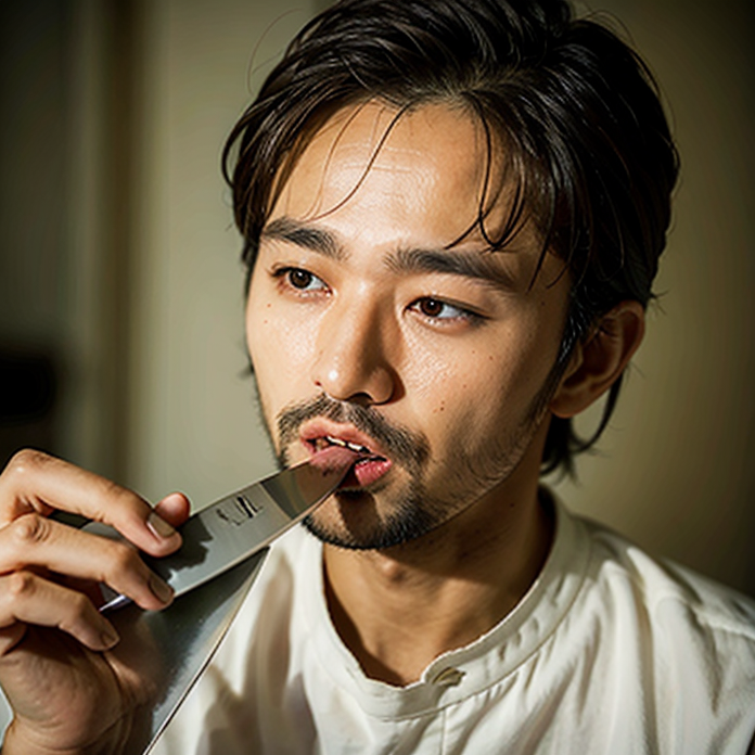 彼は中二病を拗らせているので、頻繁に包丁を舐めます。

He has chuunibyou, so he frequently licks knives.