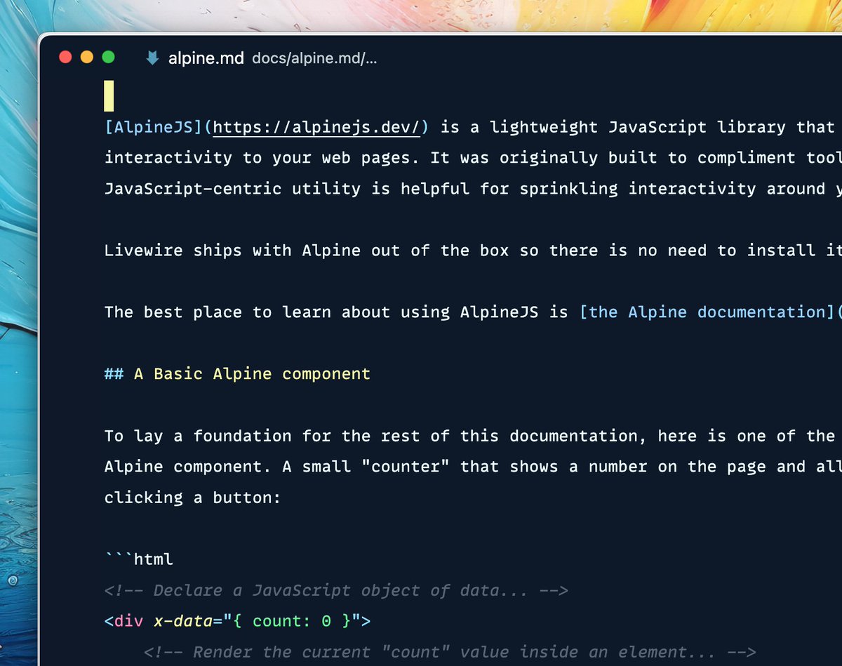 calebporzio's tweet image. Using Algolia search on a docs site enables such a valuable feedback loop.

This morning, when I saw this email I:

- searched &quot;alpine&quot; on the Livewire docs
- saw there&apos;s no &quot;central place&quot; to learn about using Alpine with Livewire.
- wrote a new page called &quot;Alpine&quot;

I then…