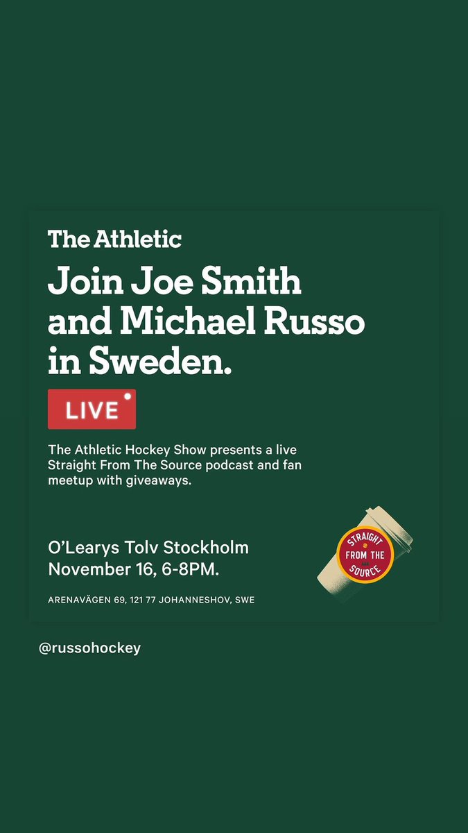 If you’re a #mnwild fan heading to Sweden or live there, please join <a href="/JoeSmithNHL/">Joe Smith</a> and me from 6-8 pm at O’Leary’s Tolv Stockholm (address below) for a fan meetup and live <a href="/TheAthletic/">The Athletic</a> pod. We’ll have guests plus will be raffling off tons of cool stuff for subscribers (and non)