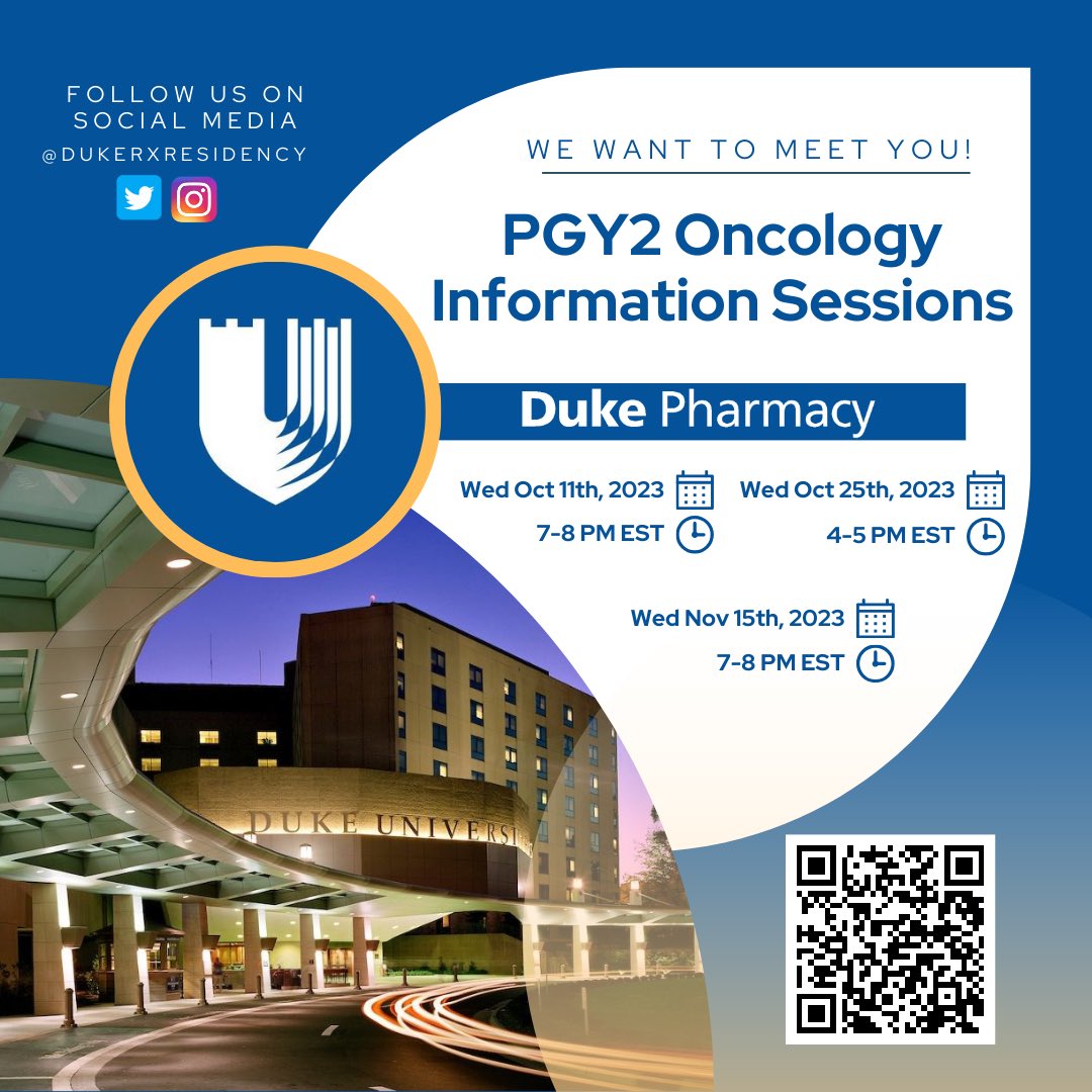 PGY1 residents interested in oncology? Join us this Wednesday 7-8 for info and to meet our amazing preceptors and residents! duke.qualtrics.com/jfe/form/SV_a4… <a href="/dukerxresidency/">Duke Hospital - Rx Residencies</a>