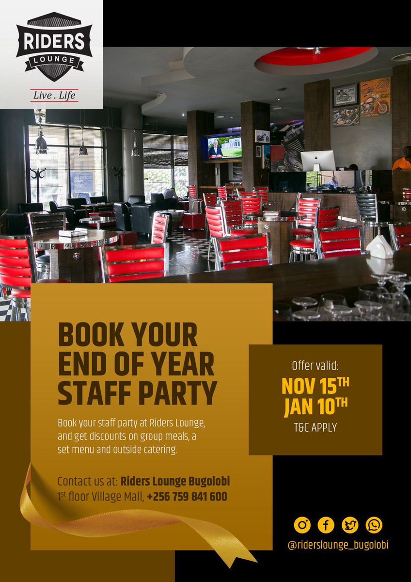 villagemallug's tweet photo. Get ready to abid farewell to the year @RidersUganda. Lock in your spot for your  unforgettable end of year staff party and get discounts on group meals, set menue and outside catering.
Contact us at :+256759841600
#villagemallat10
#ridersbugolobi https://t.co/pXEgpaeuAj