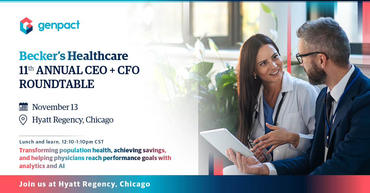 If you are attending the #BeckersCEOCFO Conference TODAY, be sure to stop by this lunch and learn at 12:10 pm CST! Our CIO Sita @Kapoor is a speaker in the <a href="/Genpact/">Genpact</a> panel on the impact of #analytics and #ai on #populationhealth.