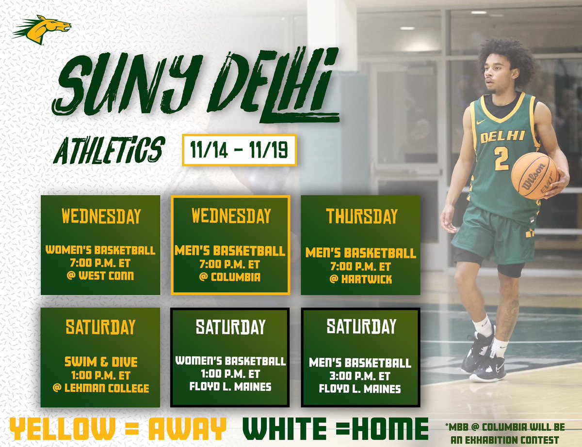 Basketball returns to Delhi this Weekend!🏀

Both MBB and WBB host their home opener on Saturday in Floyd L. Maines Arena. Come support your Broncos during their blackout games! 

Highlight of the Week: Wednesday night MBB will head to play Columbia in a Exhibition Game.