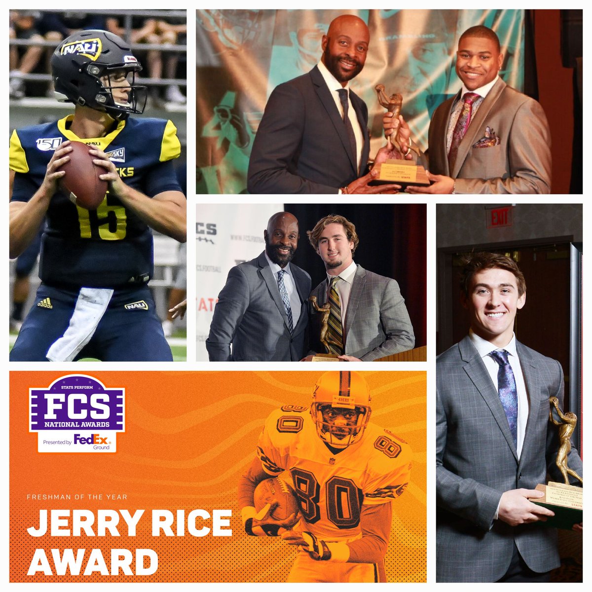 As we await the 13th Jerry Rice Award winner's announcement 12/6, I want to shine a spotlight on the 5th - 8th winners : Case Cookus, QB, Northern AZ (2015), A.J. Hines, RB, Duquesne (2016), Bryson Armstrong, LB, Kennesaw State (2017) & Josh Davis, RB, Weber State (2018)