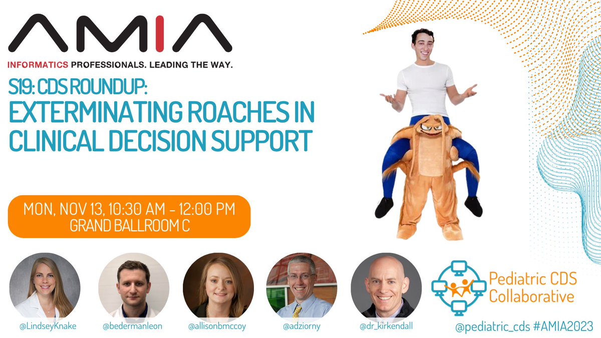 Pediatric Clinical Decision Support Collaborative (@pediatric_cds) on Twitter photo Get ready to squash those pesky CDS cockroaches at 10:30 in Grand Ballroom C! ๐ชณ
<a href="/LindseyKnake/">Lindsey Knake MD</a> <a href="/bedermanleon/">Leon Bederman</a> <a href="/adziorny/">Adam Dziorny</a> <a href="/allisonbmccoy/">Allison B. McCoy, PhD, ACHIP, FACMI, FAMIA</a> & <a href="/dr_kirkendall/">Dr. Eric Kirkendall, MD, MBI</a> will reveal the secrets to swatting away those stubborn CDS roaches!
Bring your bug spray and a sense of humor! ๐ชณ #AMIA2023 Get ready to squash those pesky CDS cockroaches at 10:30 in Grand Ballroom C! ๐ชณ
<a href="/LindseyKnake/">Lindsey Knake MD</a> <a href="/bedermanleon/">Leon Bederman</a> <a href="/adziorny/">Adam Dziorny</a> <a href="/allisonbmccoy/">Allison B. McCoy, PhD, ACHIP, FACMI, FAMIA</a> & <a href="/dr_kirkendall/">Dr. Eric Kirkendall, MD, MBI</a> will reveal the secrets to swatting away those stubborn CDS roaches!
Bring your bug spray and a sense of humor! ๐ชณ #AMIA2023