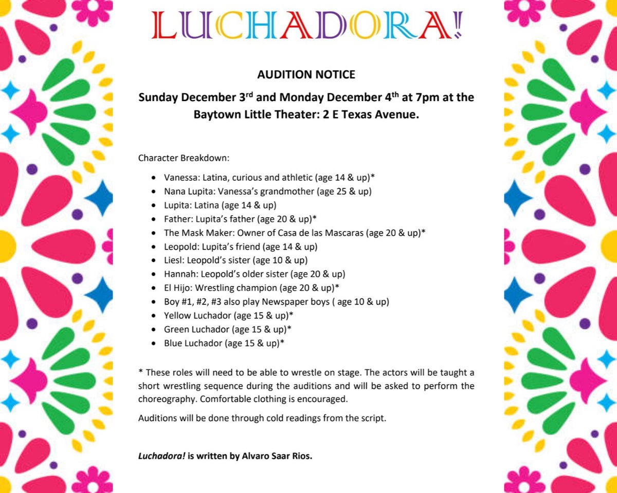 AUDITION OPPORTUNITY 

Join us on Sunday, December 3rd, and Monday, December 4th, at 7 pm for an exciting audition experience! 

LUCHADORA!

#AuditionAlert #JoinTheStage #BaytownLittleTheater #DiversifyTheStage #HispanicTalent #LatinoArts