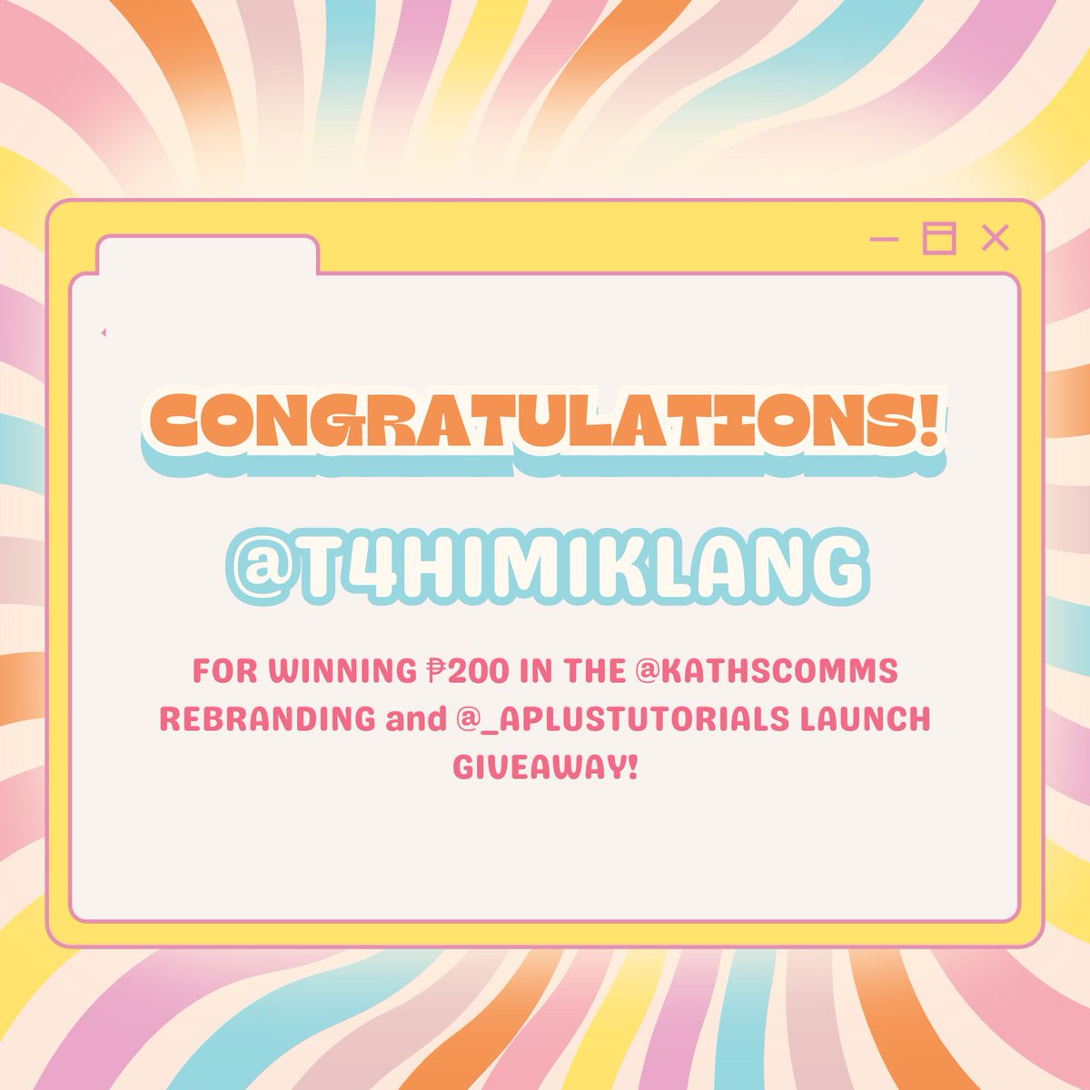 kathscomms's tweet image. drum roll, please!

congratulations to our fourth lucky winner — @t4him1kLanG — for winning ₱200 for our rebranding and tutorials account launch giveaway!

kindly dm me your gcash details so i can forward you your prize tomorrow 🧡