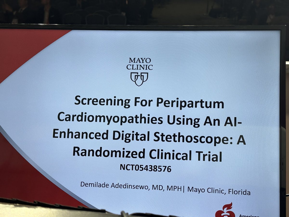 Kicking off the Late Breaking Clinical Science Session in AI with co-moderators @HeartBobH @leftbundle 

Opening talk by @DemiladeMD @MayoClinic using AI-enhanced stethoscope for screening for peripartum cardiomyopathy

I’ll pose questions from SoMe - send them here #AI
