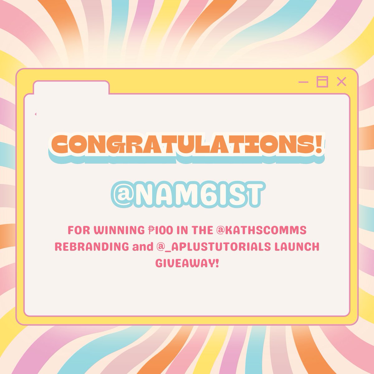 kathscomms's tweet image. drum roll, please!

congratulations to our third lucky winner — @nam6ist — for being one of the winners of ₱100 for our rebranding and tutorials account launch giveaway!

kindly dm me your gcash details so i can forward you your prize tomorrow 🧡