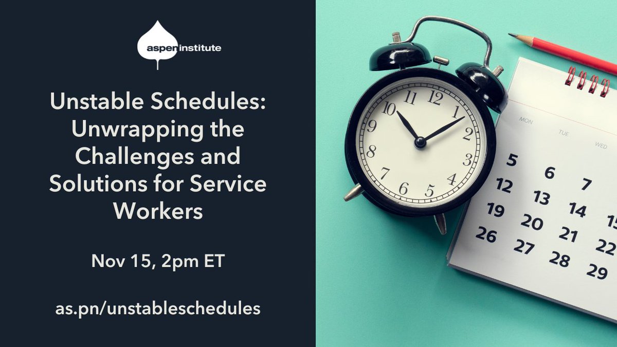 AspenEOP's tweet photo. Unstable schedules — which affect service workers in particular — are linked to adverse effects on economic security, food, health, and housing. Join @AspenJobQuality on Zoom on Nov 15 to learn more: https://t.co/L0xURO8Qbp #TalkOpportunity https://t.co/Mx8r9op77K
