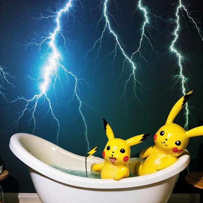 彼は電気風呂が好きで、自宅の浴槽にピカチュウを飼育しています。

He likes electric baths, so he keeps Pikachu in his home bathtub.