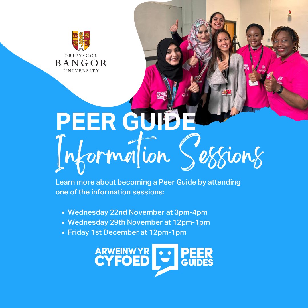 Learn more about becoming a Peer Guide by attending one of the upcoming information sessions. Reserve your place here: eventbrite.com/e/sesiynau-gwy… @BangorUni @Bangorstudents