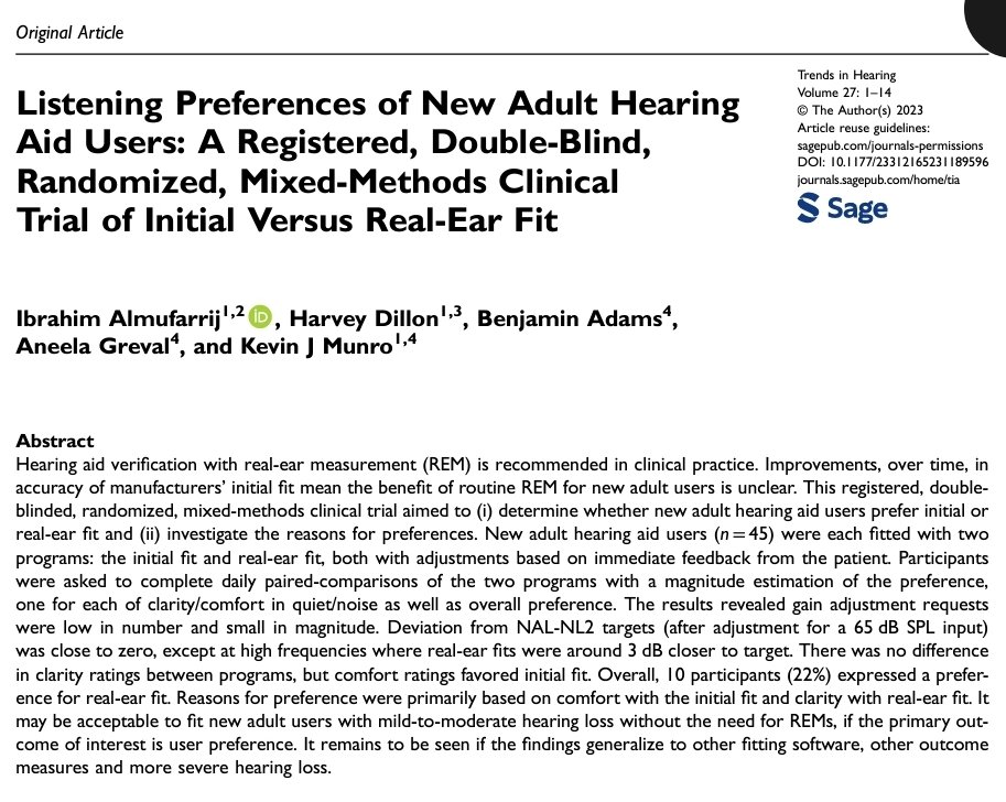 👂✨ Exciting findings from a double-blinded, randomized clinical trial!  New adult H.A users with mild-to-moderate hearing loss may not need routine real-ear measurements if user preference is the key goal.  Discover and explore the reasons behind user listening preferences.