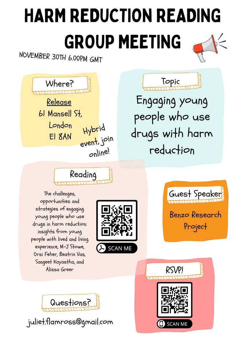 JulietFlamRoss's tweet image. Upcoming London harm reduction reading group meeting organized with @millag44!! We will talk about harm reduction for young people who use drugs with guest speakers from @BenzoResearch :) Hybrid event in person + over zoom. 

RSVP: eventbrite.com/e/engaging-you…