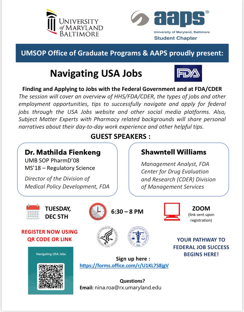 UMB - AAPS (@aapsumb) on Twitter photo Happy Monday! AAPS and <a href="/umsop/">University of Maryland School of Pharmacy</a> office of graduate programs have invited FDA employees (one an alumni from our programs!) to help teach us about navigating USA Jobs and to set ourselves up for success in a government job.
Register here: forms.office.com/r/U1KL7S8jgV Happy Monday! AAPS and <a href="/umsop/">University of Maryland School of Pharmacy</a> office of graduate programs have invited FDA employees (one an alumni from our programs!) to help teach us about navigating USA Jobs and to set ourselves up for success in a government job.
Register here: forms.office.com/r/U1KL7S8jgV