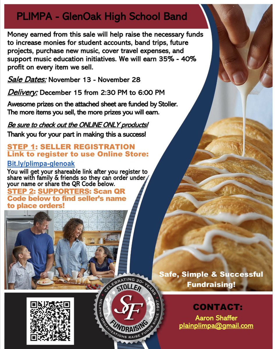 Our fall Mrs. Fields cookie dough and Butter braid sale has begun! Support the GlenOak Band by ordering some of these goodies in time to enjoy this holiday season!

The sale ends Nov 28th and products will be delivered on Friday, Dec 15th. 

Scan the QR code to begin your order!