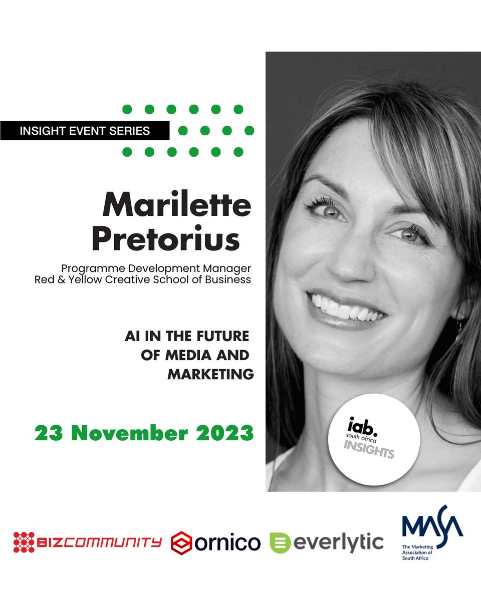 Join Marilette Pretorius, Programme Development Manager at @RedAndYellowEd on Thursday, 23 November at 11 am as we discuss the limitless potential of #ArtificialInteligence in the world of media and marketing. Register today: bit.ly/47aJO5g #AIinMediaMarketing #iabsa