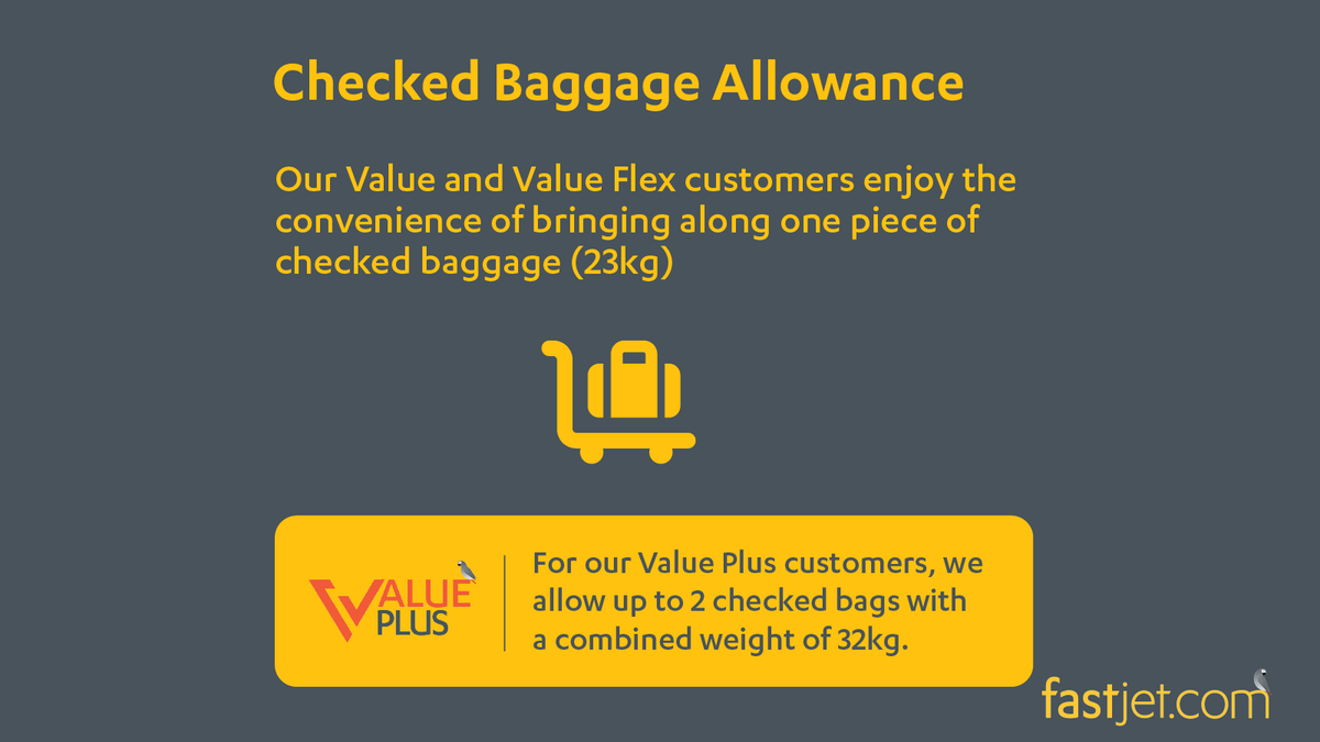 fastjet's tweet photo. Our Value and Value Flex customers enjoy the convenience of bringing along one piece of checked baggage (23kg).

For our Value Plus customers, we allow up to 2 checked bags with a combined weight of 32kg.

#fastjet #ForEveryone #Baggage #CheckedBaggage https://t.co/wNtjkvxzpD