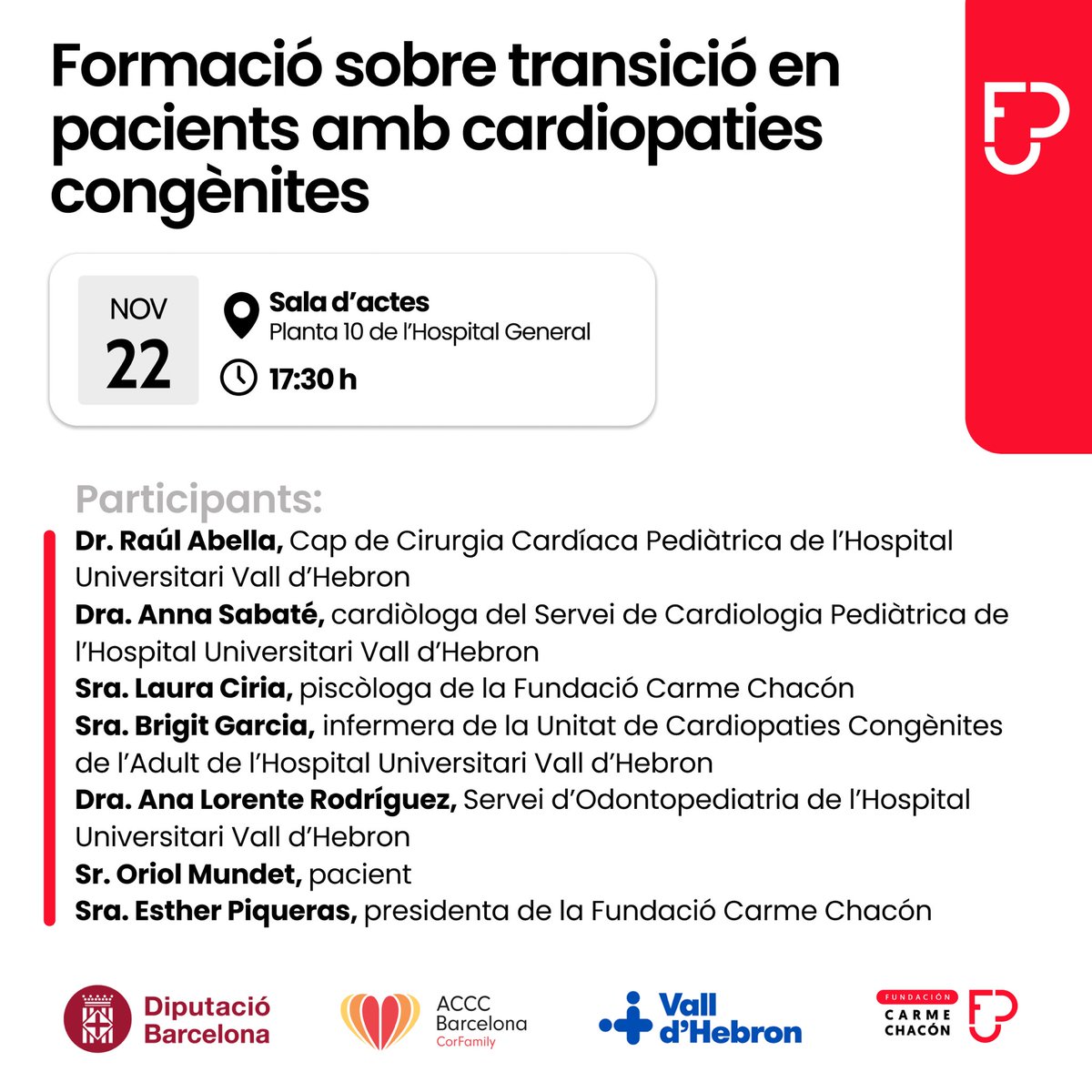 El miércoles 22 de noviembre, de 17:30h a 21h, tendrá lugar la Jornada sobre transición en pacientes con cardiopatías congénitas, que se celebrará en la Sala de actos de la planta 10 del Hospital Universitario Vall d’Hebron. 

Todos los detalles ⬇️