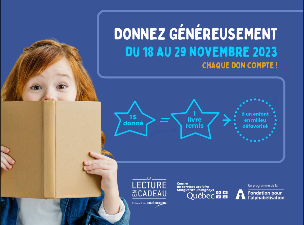 csmbourgeoys's tweet photo. Cette année, faisons preuve d'une grande générosité une fois de plus, et soutenons tous ensemble la campagne La lecture en cadeau de la @FondationAlpha jusqu'au 29 novembre prochain.
Pour donner : https://t.co/0Sq07DOxmD
#CSSMB #iciondonne #LaLectureEnCadeau #Alphabétisation https://t.co/kVhBcpR327