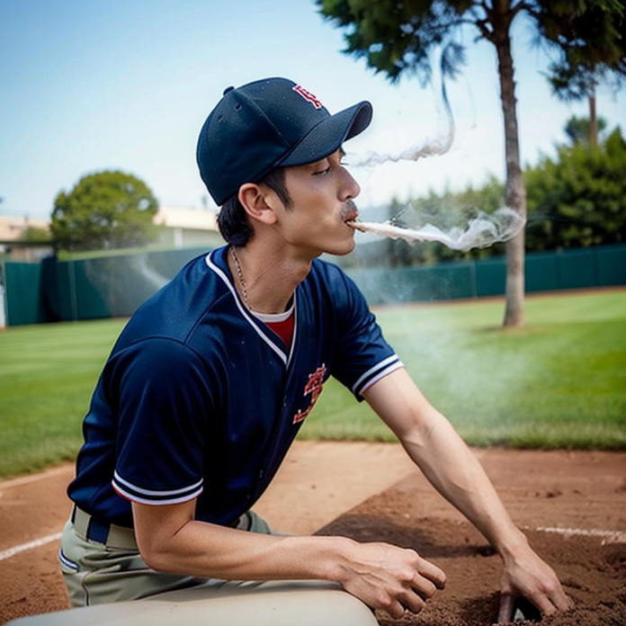 彼はニコチン中毒者なので、ヒットを打つとひとまず塁上で一服します。

He is a nicotine addict, so after getting a hit, he takes a smoke break on the base.