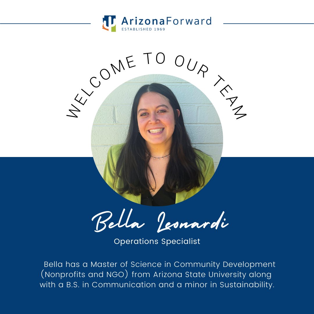 Welcoming Bella Leonardi to the Arizona Forward team! Our newest Operations Specialist is here to make a positive impact on sustainability and community growth. #ArizonaForward #NewTeamMember