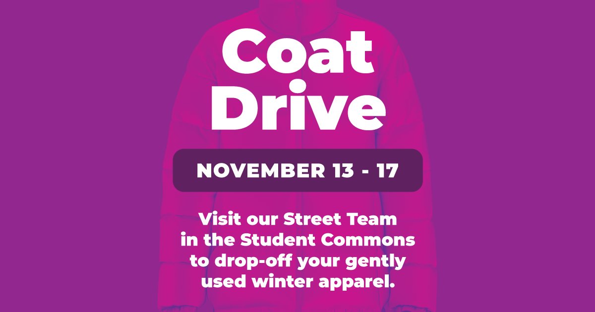 AlgonquinSA's tweet photo. Share the warmth! Donate your extra coat at the SA Coat Drive from Nov 13 to Nov 17.

For more info on upcoming events, visit https://t.co/OdCVRX3XBg.

#AlgonquinSA #SAChallenge https://t.co/2Li9JqclNy