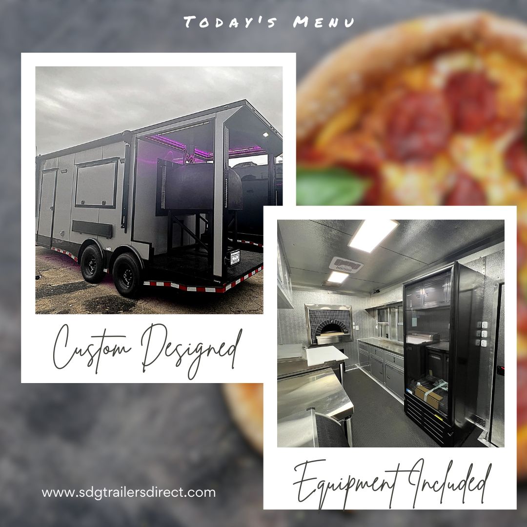 Elevate your pizza game with an SDG Trailers custom food trailer!  Wood-fired, gas, or electric ovens - your vision, our expertise! Customize @ Sdgtrailers.com. Order your pizza trailer now & roll into the revolution!  #PizzaTrailer #FoodTruck #MobilePizza #PizzaLovers