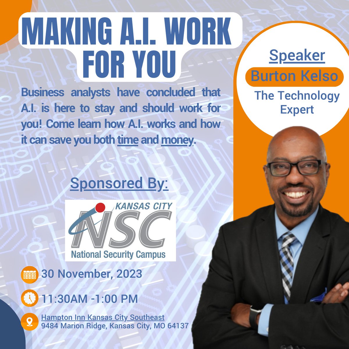 🤖 Join Burton Kelso, The Technology Expert, for A.I. insights! 🌐 Food, connection, and more at our Monthly Luncheon! 🚀

Sponsored by: Kansas City National Security Campus

Register Below: events.constantcontact.com/register/event…