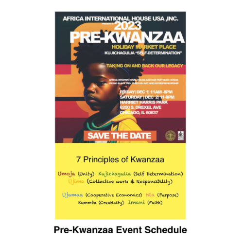 📣 Save the Date! 🎉 Join us at the Pre-Kwanzaa Holiday Market on December 1st, 2023, from 11AM - 8 PM. Get ready for a festive celebration filled with joy, culture, and amazing vendors. Don't miss out on this incredible #KWANZAA event! 
📍6200 S. Drexel Avenue Chicago, IL 60637