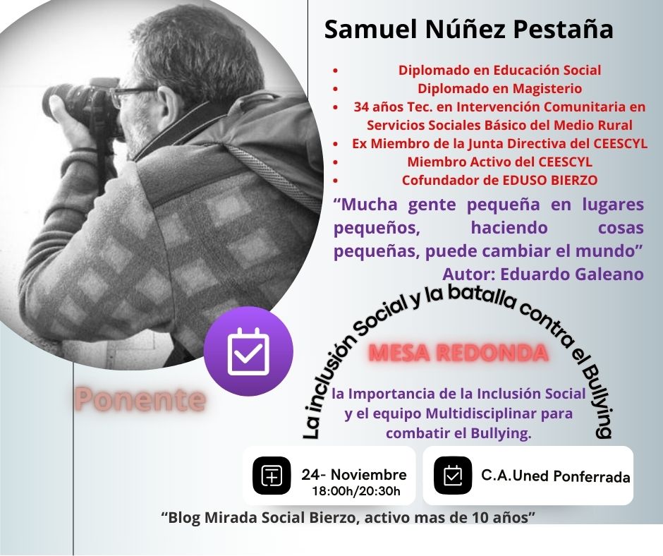 🟣 FORMACIÓN | Jornadas

La @unedponferrada organiza unas jornadas sobre inclusión social, el bullying y la importancia de los y las educadores sociales en programas sociales.

📆 24 y 25 de noviembre.
📍 @unedponferrada. También online.
🎫 Entrada libre.

#educacionsocial