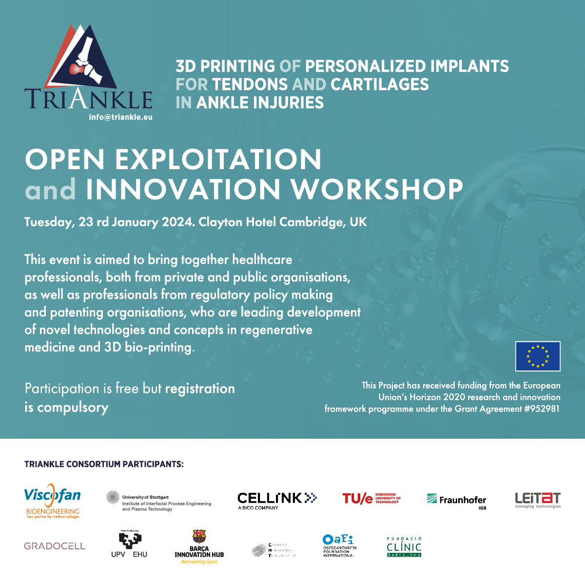 TriankleProject's tweet image. On January 23, 2024, the TriAnkle project will hold its 1st open exploitation and innovation workshop on new technologies, regenerative medicine and 3D bioprinting.
Participation is free, but registration is mandatory:
docs.google.com/forms/d/e/1FAI…
More info:
triankle.eu