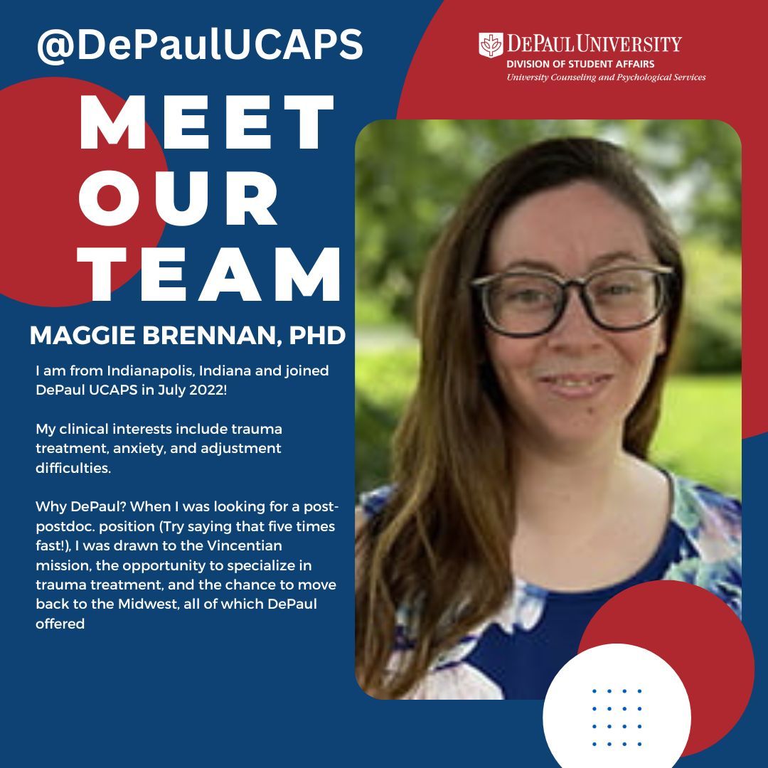 Meet our #DePaulUCAPS team! Maggie Brennan, PhD is a Staff Therapist @DePaulUCAPS focused on trauma care. She also leads our Gathering Around Grief Support Group. #FavoriteQuote: “The anger in your heart warms you now, but will leave you cold in your grave.” –“One Time I Dreamt”