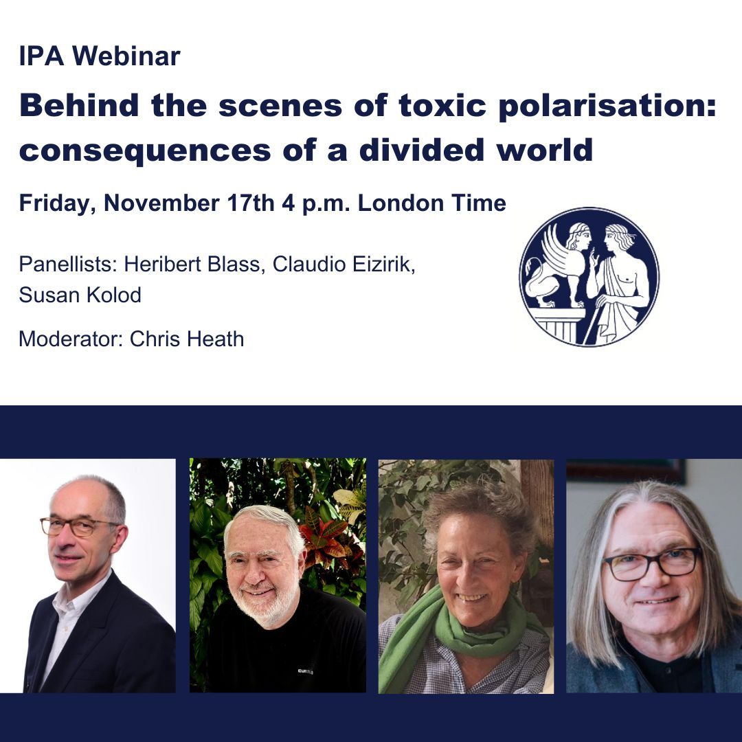 IPAonline's tweet image. THIS FRIDAY:
Upcoming Webinar: Behind the scenes of toxic polarisation: consequences of a divided world.
With Panelists:
Heribert Blass
Claudio Laks Eizirik
Sue Kolod
Friday, 17 November, 2023 
More information here:
buff.ly/47vD0iE 
#psychology #polarized #conflict