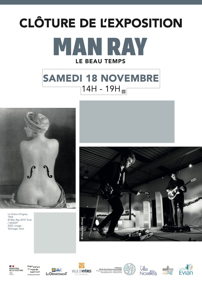 🖼Ce samedi 18 novembre, le @MuseeHyeres fête le finissage de l’exposition 'Man Ray, le beau temps'. 👉Au programme de cette journée de clôture : -Ouverture gratuite du #musée de 14h à 19h -Concert du groupe @hifiklub à 15h -Apéritif servi dans le jardin du musée à 17h