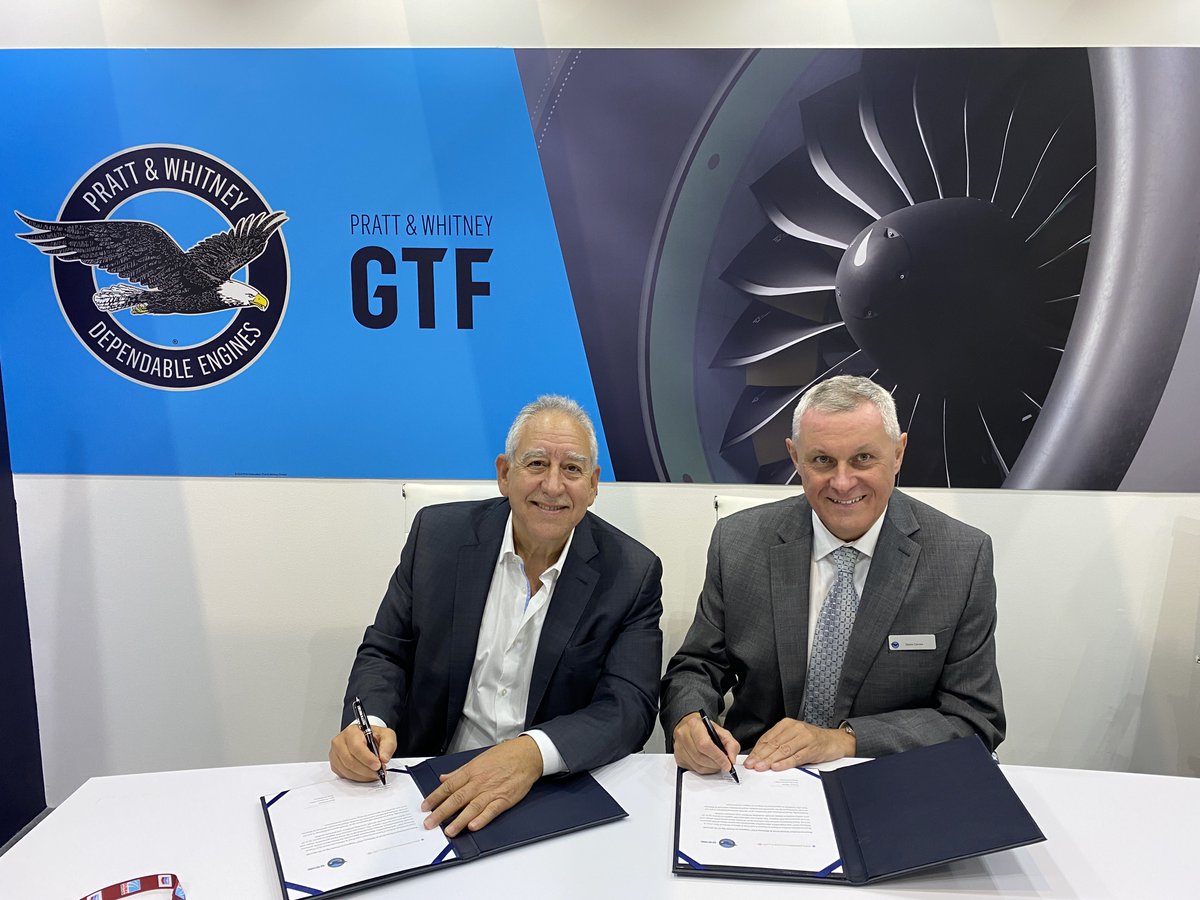 ✒️ Signed and sealed: Today at #DubaiAirshow, @RoyalJordanian and Pratt & Whitney finalized #PWGTF and EngineWise aftermarket agreements for future fleets of GTF-powered aircraft. Learn more about this agreement, announced last year: prattwhitney.co/3MFuLbR #DAS23