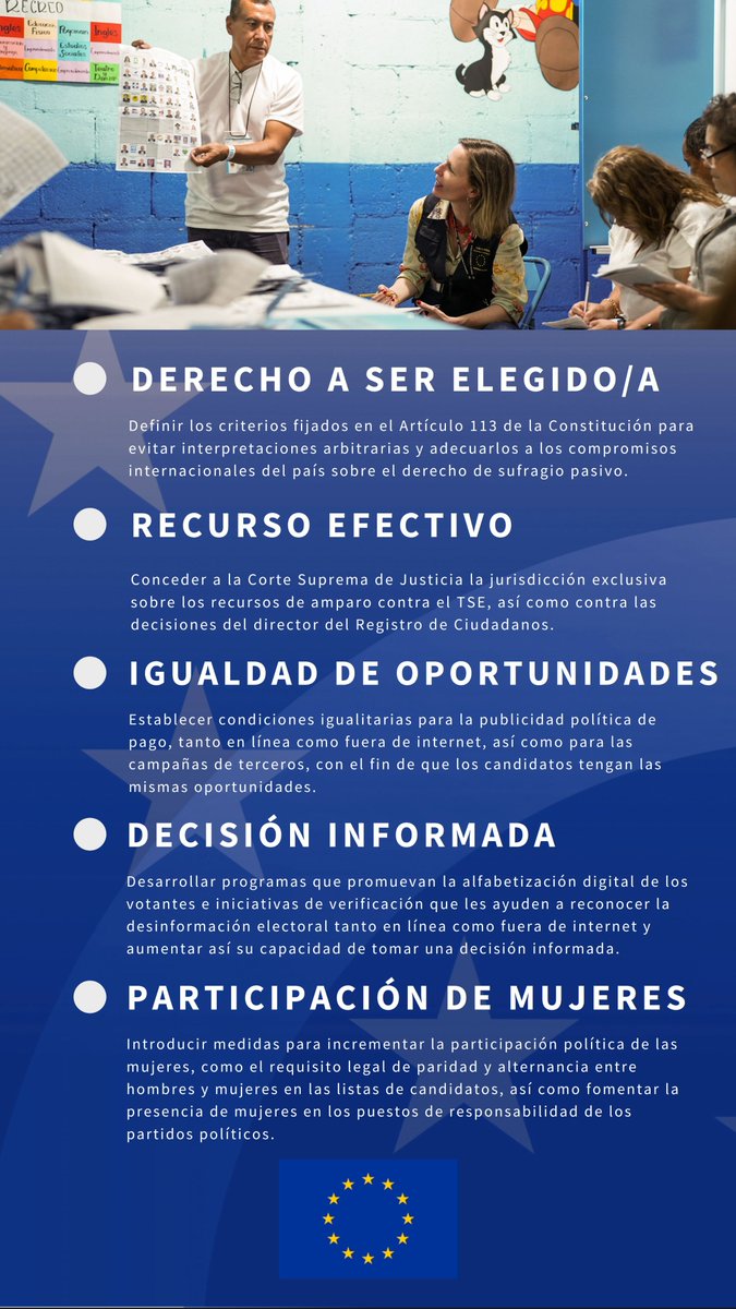 En su informe final, la MOE UE presenta 26 recomendaciones para su consideración por parte de las autoridades de #Guatemala, el @TSEGuatemala, los partidos políticos y la sociedad civil. Hay nueve recomendaciones que la MOE UE considera prioritarias, y son las siguientes: