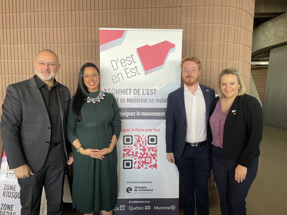 Nous voici aujourd'hui au #SommetDeLEst, avec <a href="/cblackmairesse/">Christine Black</a>, <a href="/ChantalRossi10/">Chantal Rossi</a>, <a href="/AlbaZunigaRamos/">Alba Zúñiga Ramos</a> et <a href="/JulienHR_Mtl/">Julien Hénault-Ratelle</a>. Notre parti réclame une entente tripartite d'au moins 2,4 milliards $ sur 10 ans. Le transport collectif doit également devenir une priorité pour l'Est. 🚌 #polmtl