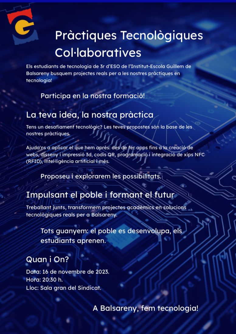 📲 ATENCIÓ!

Els estudiants de tecnologia de 3r d'ESO busquen projectes!

Ens ho explicaran el proper 16 de novembre, a les 20:30h a la Sala Sindicat.

Ens hi veiem?