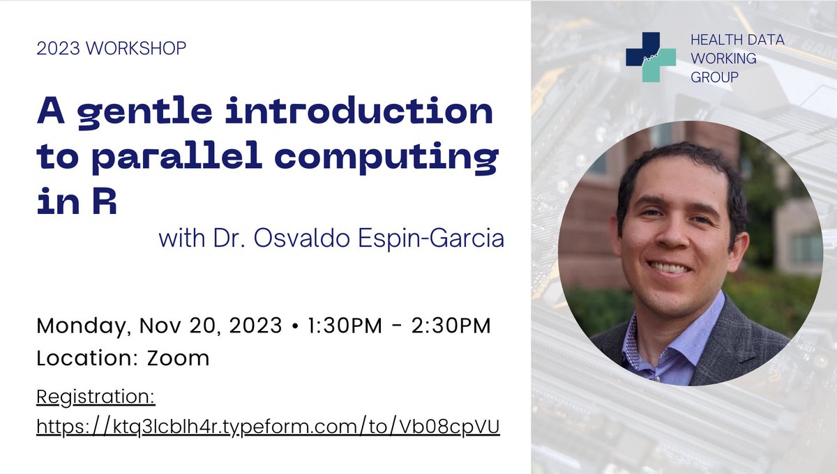 DataDLSPH_UofT's tweet image. 🚀 Join our workshop: &quot;Parallel Computing in R&quot; with Prof. Osvaldo Espin-Garcia, Nov 20, 1:30pm. 
Dive into the world of parallel computing with R! 
🔗 Register: ktq3lcblh4r.typeform.com/to/Vb08cpVU #RStats #DataScience #OnlineLearning @ihpmeuoft @UofT_dlsph