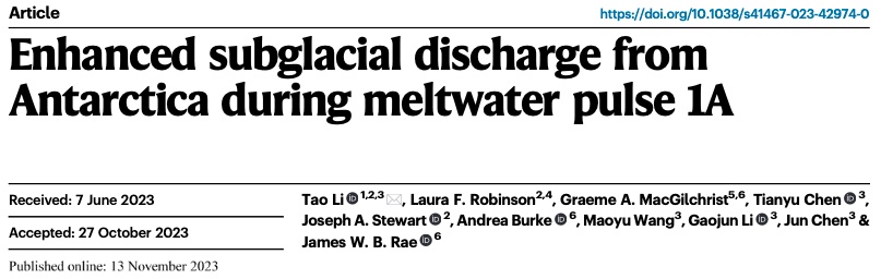 New paper by Tao Li on deglacial ice melt in West Antarctica. Using uranium isotopes in deep sea corals we find a unique fingerprint of subglacial discharge from 15.4-14.0 ka - coincident with a pulse of ice rafting & rapid global sea level rise 🪸🧊🌊 rdcu.be/dqWG0 🧵