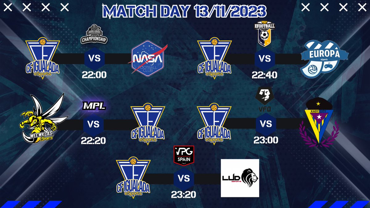 CF Igualada eSports (@cfigualada_es) on Twitter photo PARTIDOS LUNES 13/11
๐<a href="/Ace_espanaa/">ACE Espaรฑa</a>
โ๏ธ22:00h vs @DELANASAFC
๐<a href="/MajinProLeague/">MPL OFFICIAL</a>
โ๏ธ22:20h vs <a href="/WeewKlas/">Weewklas eSports | Clubes Pro</a>
๐<a href="/PLGeFootBall/">PLG efootball</a>
โ๏ธ22:40h vs <a href="/EuropaEsports/">CE Europa eSports</a>
๐<a href="/VFOspain/">VFO Espaรฑa</a>
โ๏ธ23:00h vs <a href="/KadyCity/">๐๐๐๐ฌ ๐๐๐ง๐ฌ ๐ฒ๐ฆ๐ฝ๐ผ๐ฟ๐๐</a>
๐<a href="/VPG_Spain/">Virtual Pro Gaming Espaรฑa</a>
โ๏ธ23:20h vs <a href="/LUD_ESPORTS/">LUD ESPORTS ๐ฆ</a> PARTIDOS LUNES 13/11
๐<a href="/Ace_espanaa/">ACE Espaรฑa</a>
โ๏ธ22:00h vs @DELANASAFC
๐<a href="/MajinProLeague/">MPL OFFICIAL</a>
โ๏ธ22:20h vs <a href="/WeewKlas/">Weewklas eSports | Clubes Pro</a>
๐<a href="/PLGeFootBall/">PLG efootball</a>
โ๏ธ22:40h vs <a href="/EuropaEsports/">CE Europa eSports</a>
๐<a href="/VFOspain/">VFO Espaรฑa</a>
โ๏ธ23:00h vs <a href="/KadyCity/">๐๐๐๐ฌ ๐๐๐ง๐ฌ ๐ฒ๐ฆ๐ฝ๐ผ๐ฟ๐๐</a>
๐<a href="/VPG_Spain/">Virtual Pro Gaming Espaรฑa</a>
โ๏ธ23:20h vs <a href="/LUD_ESPORTS/">LUD ESPORTS ๐ฆ</a>